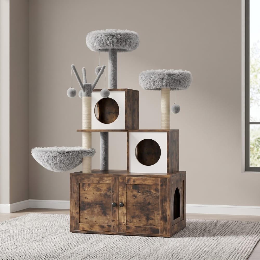 Chat Confort Arbre à Chat Meuble Cache Litière Arbre à Chat Meuble Cache Litière Rangement discret!