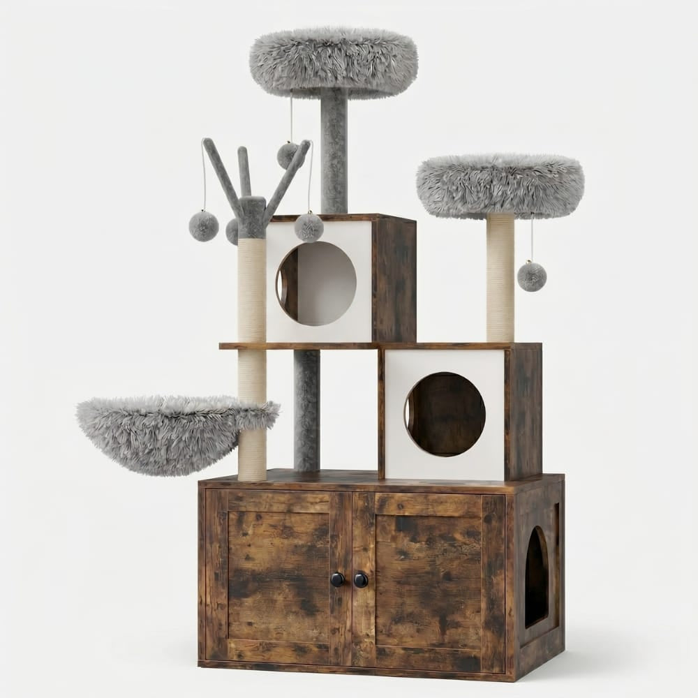 Chat Confort Arbre à Chat Meuble Cache Litière Arbre à Chat Meuble Cache Litière Rangement discret!